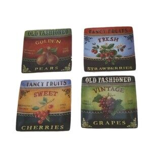 Lang Kimberly Poloson Fruits Plates Coasters Trinket 4.75" Party Dishes Vtg 4Pk